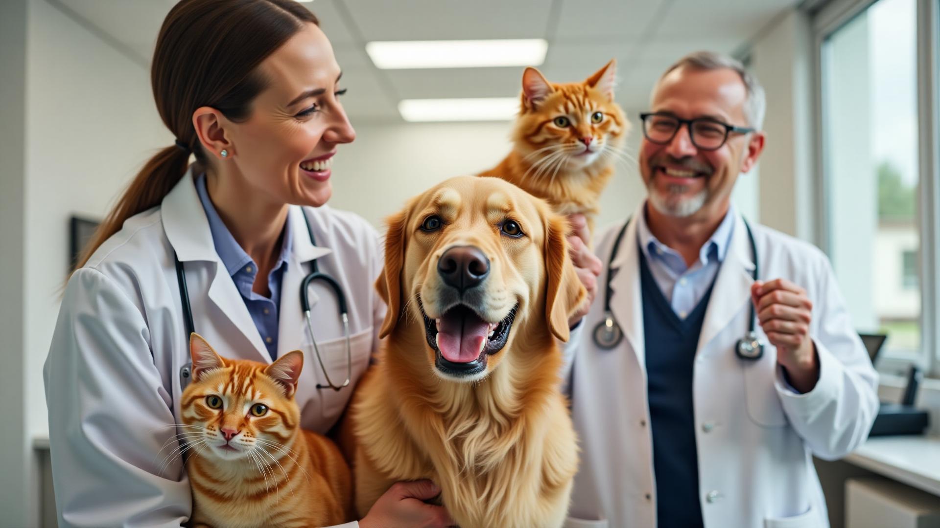 Happy pet owner with dog and cat at veterinary clinic